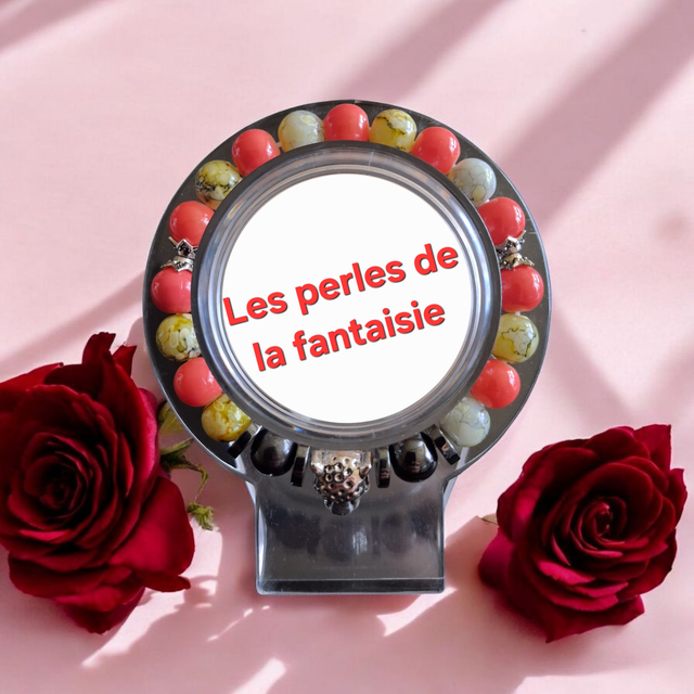 Bracelet perles de verre, perles hématite,breloque centrale léopard