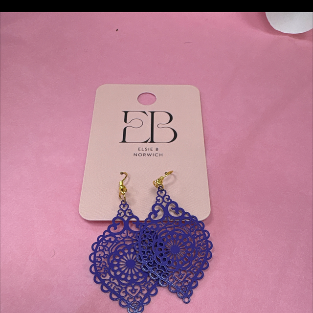Purple metal lace drop earrings gold hooks 