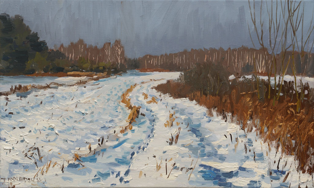 Zima w Radomyślu, 30x50 olej płótno 2024 oprawiony