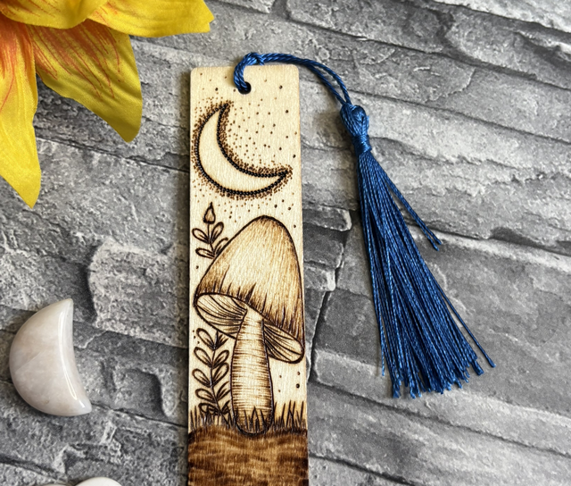 Mushroom and crescent moon. Handmade. Pyrography. Handburnt.
