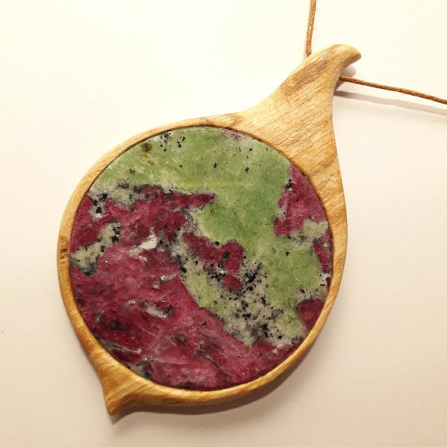 Ruby-Zoisite Necklace with Hand Carved Palo Santo Wood 
