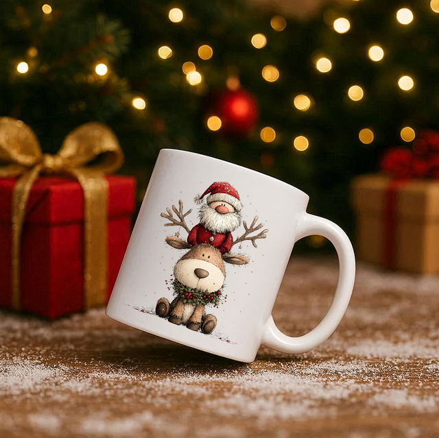 Vintage Santa &amp; Reindeer 11oz Ceramic Printed Mug Design 9