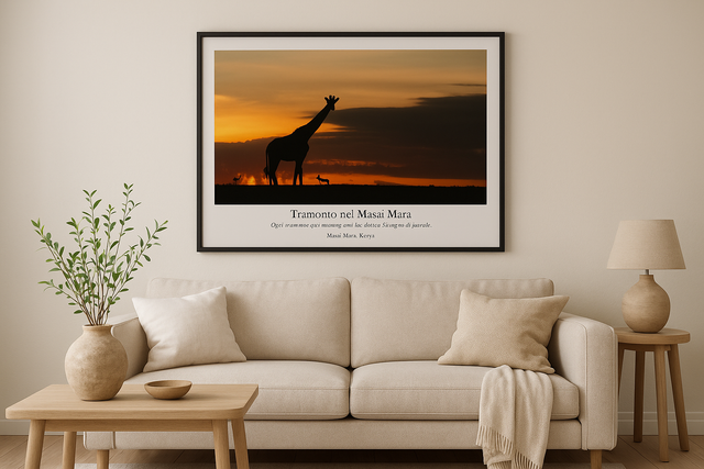 Tramonto Masai Mara Stampa Fine-Art su carta cotone Hahnemūhle Photo Rag Ultra Smooth 305 gr montata su pannello piuma spessore 15 mm