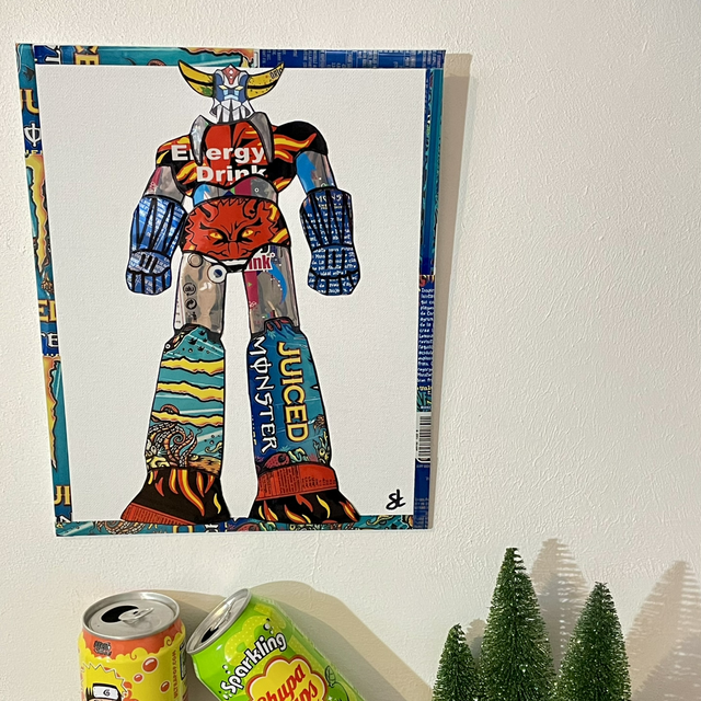 Tableau Goldorak réalisé avec des canettes recyclées 