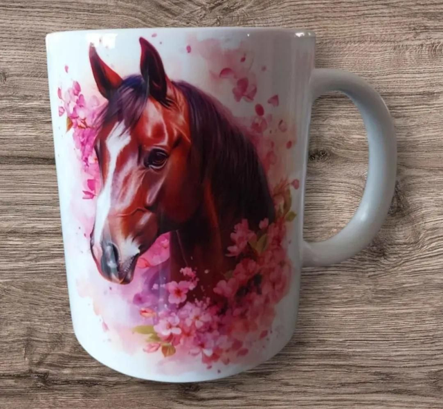 Mug cheval fond rose