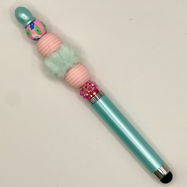 S61 - Stylo à perles ton vert et pompon