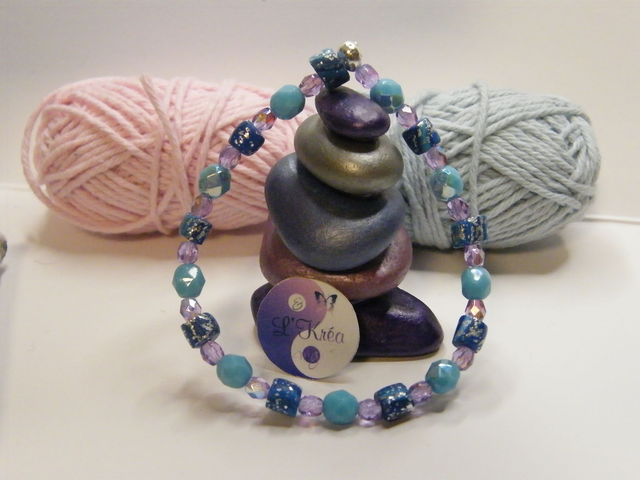 Perles bleu/feuilles argentées