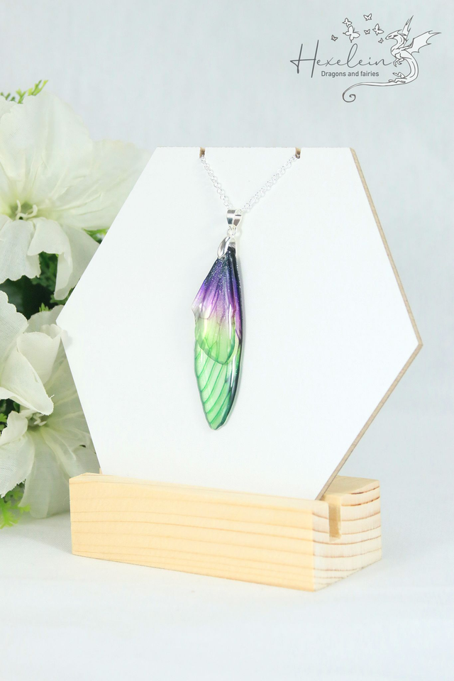 Purple green fairy wings pendant