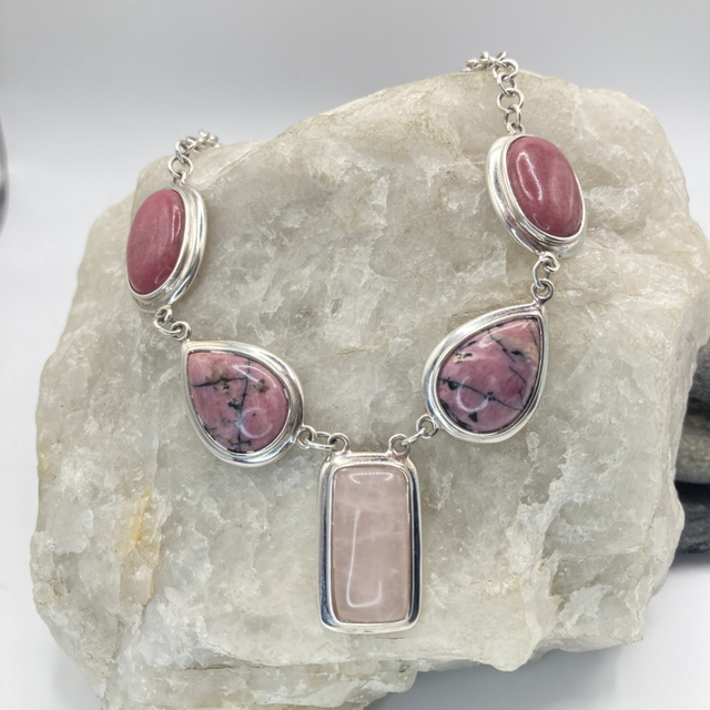Sterling Silver Pink Semi Precious Gemstones Festoon Necklace