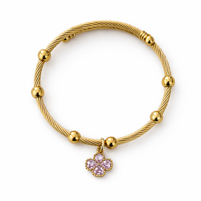 Pulsera acero dorado flor rosa 
