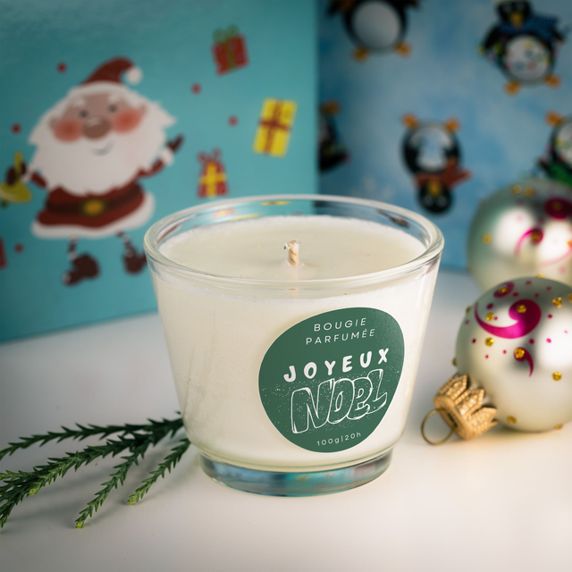 Bougie artisanale parfumée en cire de soja avec étiquette personnalisée - Cadeau pour Noël, Nouvel An, Fêtes de fin d'année, 100g (JN12)