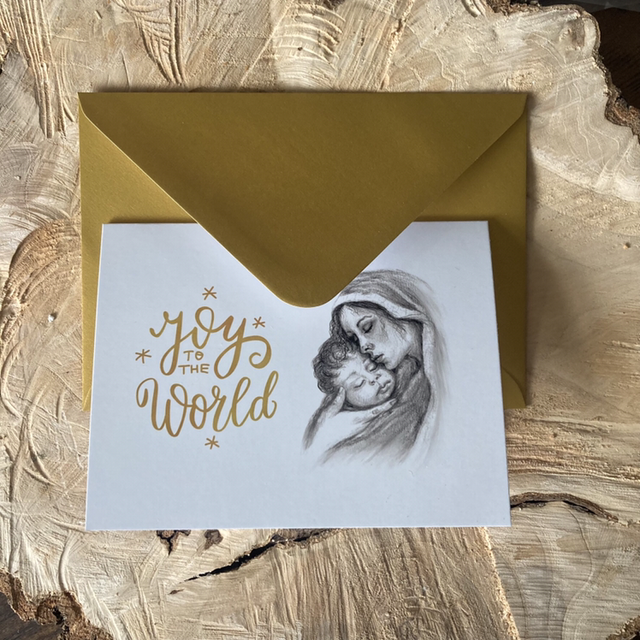Luxe Christelijke Kerstkaart Joy to the World Maria Jezus | dubbele ansichtkaart met goudkleurige envelop 