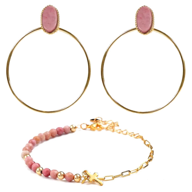 Parure Rhodonite - Bracelet + Boucles (pointes) d’oreilles (doré)