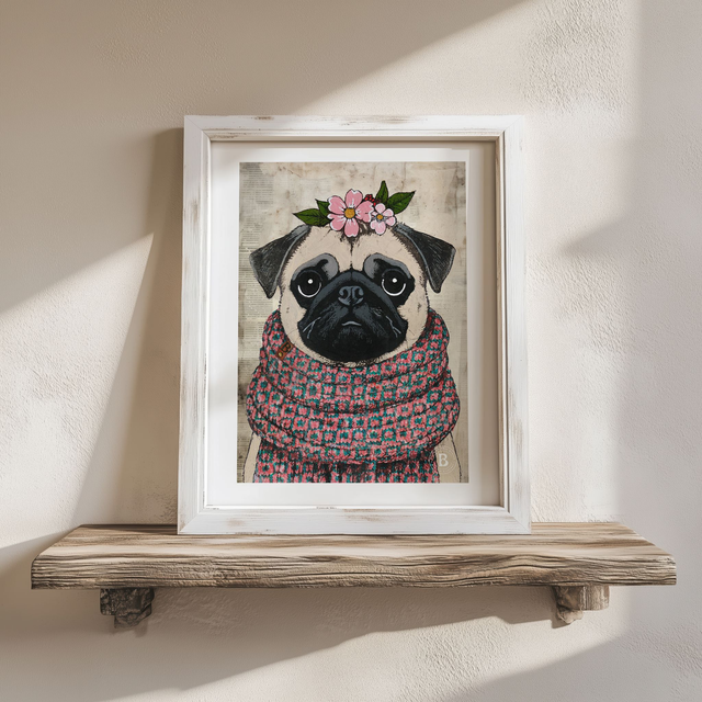 Pug Dog In Floral Mixed Media Art Print A4