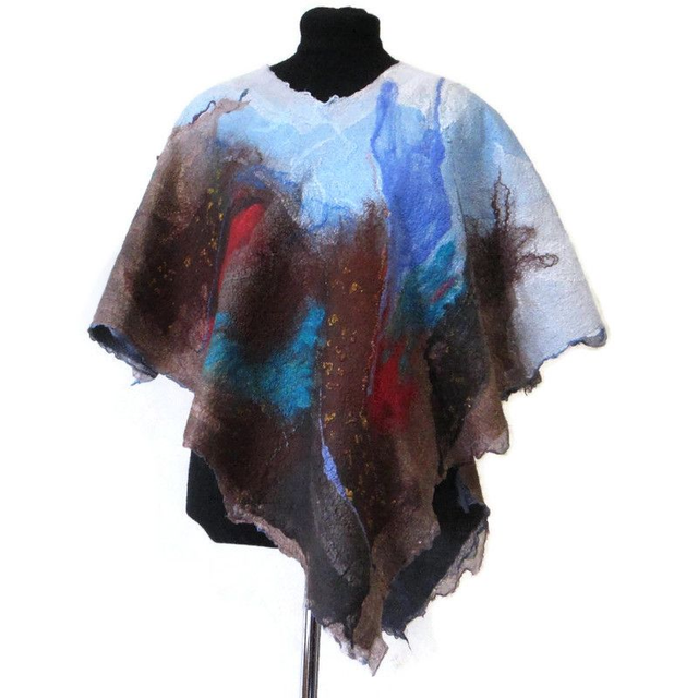 Poncho donna lana merino seta feltro fatto a mano regalo unico per lei Poncho blu marrone infeltrimento mantello boho