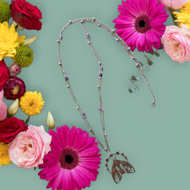 Sautoir argenté RENAISSANCE "Améthyste" &amp; Papillon – Bijou lithothérapie