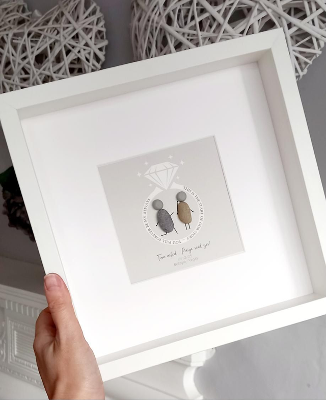 Personalised Engagement Pebble Art Gift | Custom Framed Couple Artwork with Names, Date & Location | Unique Engagement Keepsake