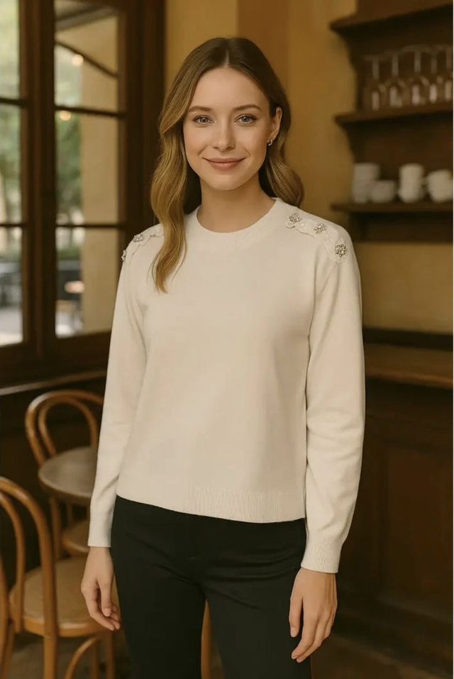 White - Crystal Embellished Crew Neck Jumper - KM