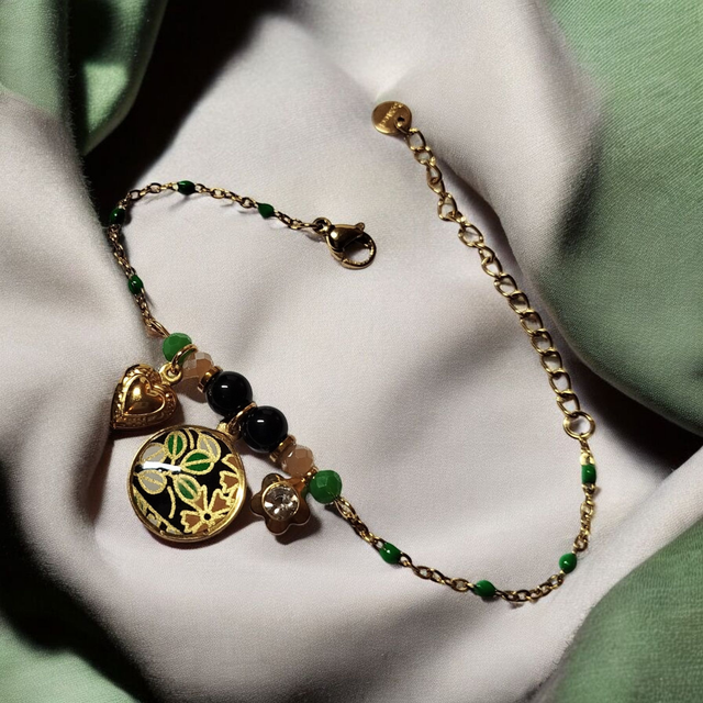bracelet acier inoxydable motifs japonais vert noir et doré