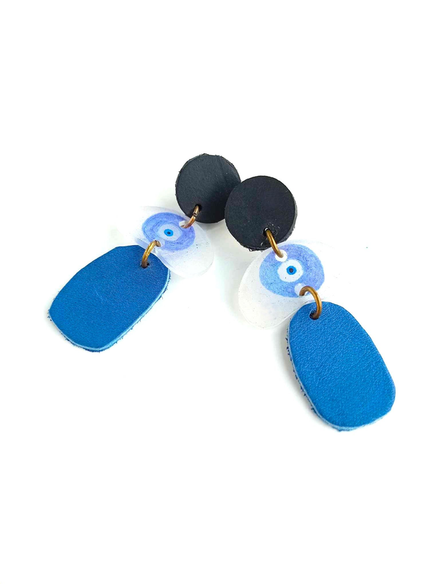 Boucles d&#039;Oreilles Inspiration Années 70 - CUIR, CHAMBRE à AIR et PLASTIQUE FOU - Œil Turque - Pièces Artisanales et Uniques
