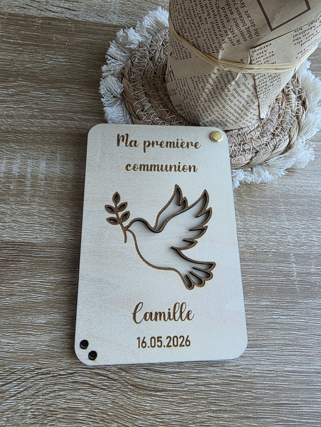 Carte en bois pour communion pour offrir de l'argent