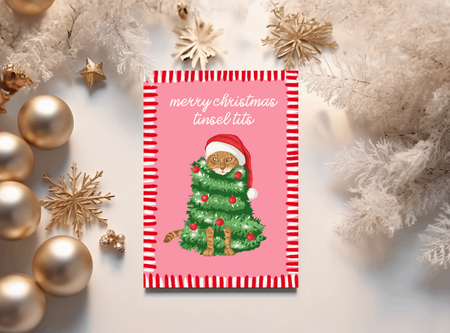 Merry Christmas Tinsel Tits Cat Christmas Card 