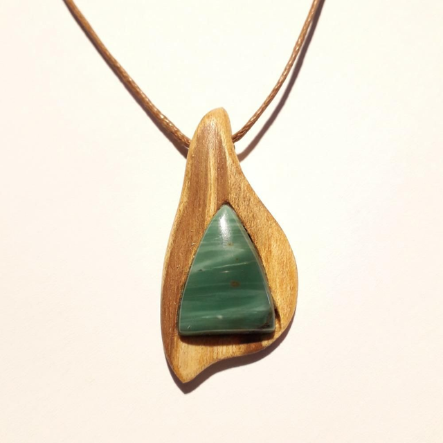Gary Green Jasper Necklace with Hand Carved Palo Santo Wood 