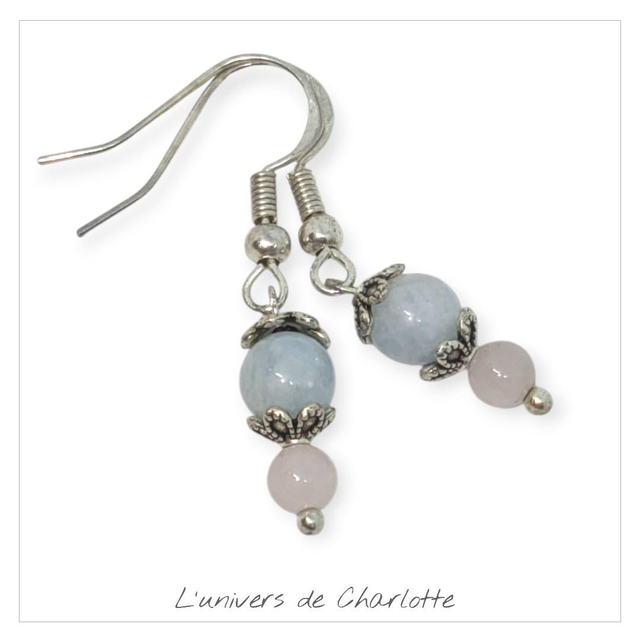 Boucles d'oreilles "Aigue-marine/Quartz rose" BO-039