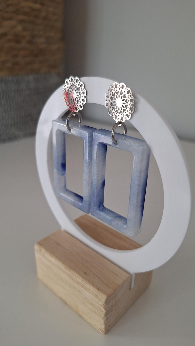 Boucles d'oreilles rectangles blanc/encre à alcool bleu