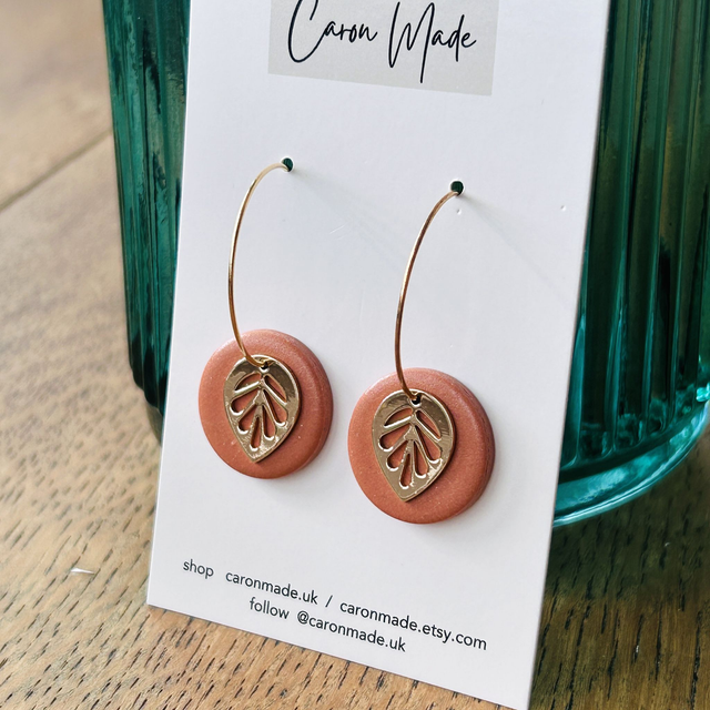 Hoop earrings with leaf charm, autumn colours