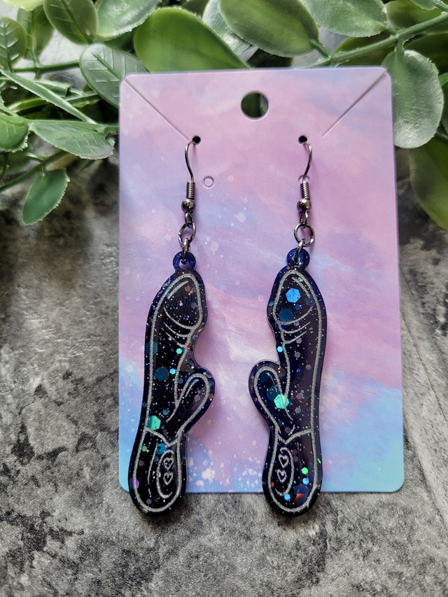 Earrings | Midnight Navy Blue Black Glitter Rabbit Vibrator Earrings | Stainless Steel Hooks
