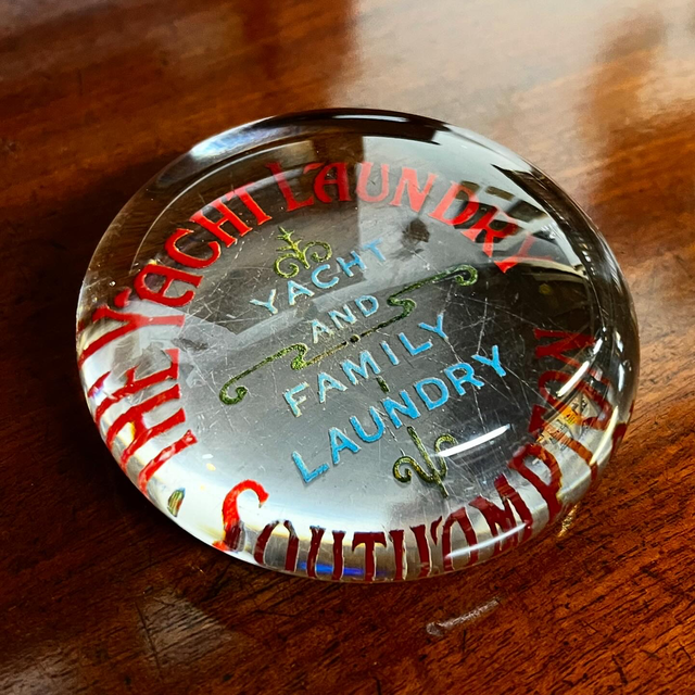 Victorian Reverse-Painted Glass Advertising Paperweight – “The Yacht Laundry”, Southampton