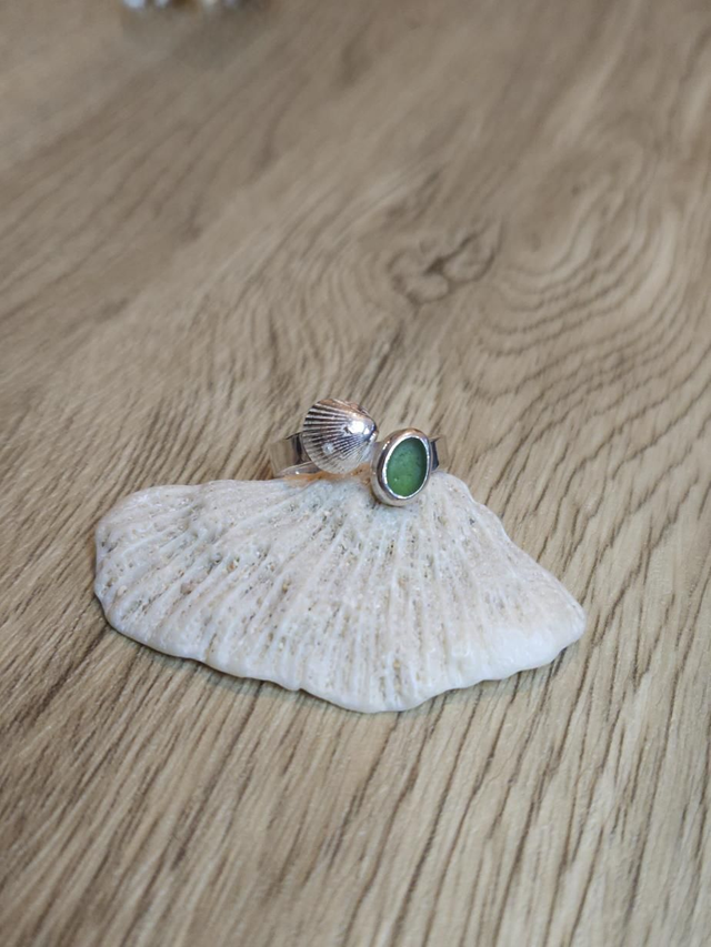 Clam Shell and green Sea Glass ring