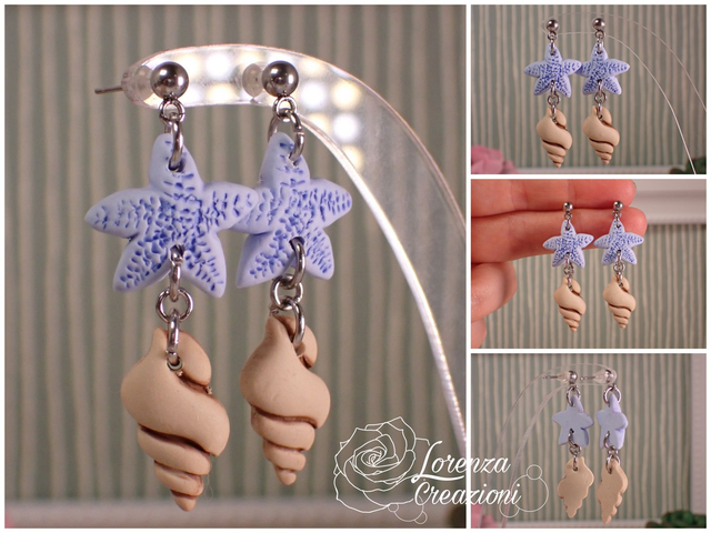 Orecchini a tema marino con conchiglie e stelle marine, azzurro e beige