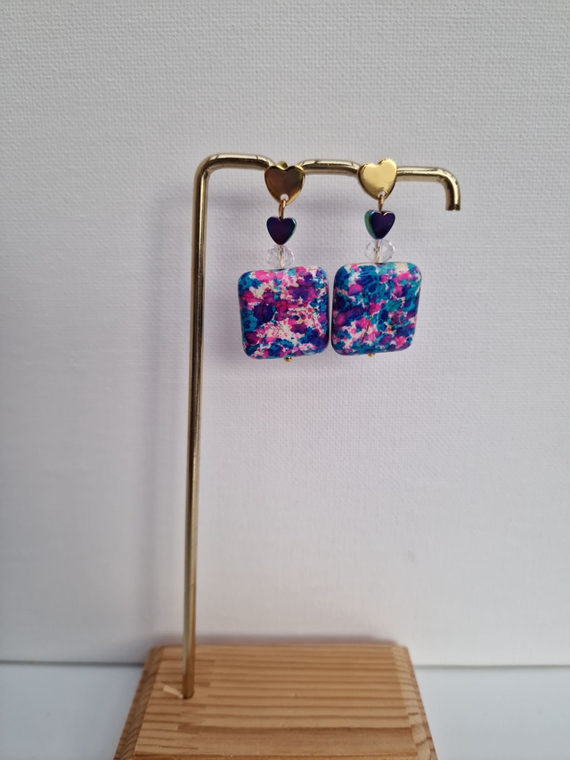 Boucles D'oreilles Acier Cœurs Multicolore Pierres Naturelles Multicolore