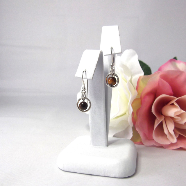 Golden Tigers eye gemstone dangle earrings with bead in a ring of recycled silver