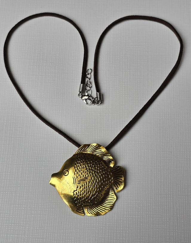 Necklace brown faux leather thong with large gold fish pendant