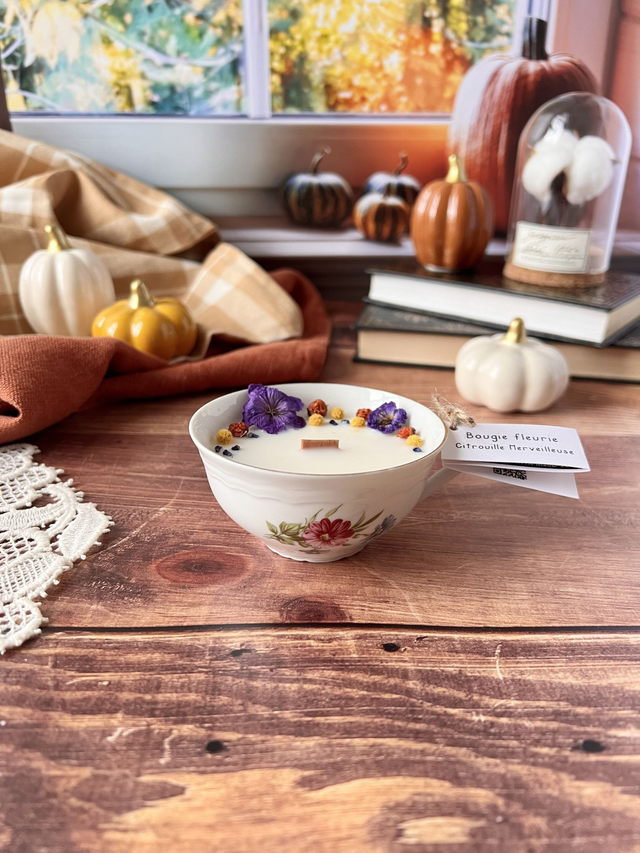 🍁 Bougie Citrouille merveilleuse - tasse à thé "chrysanthème"