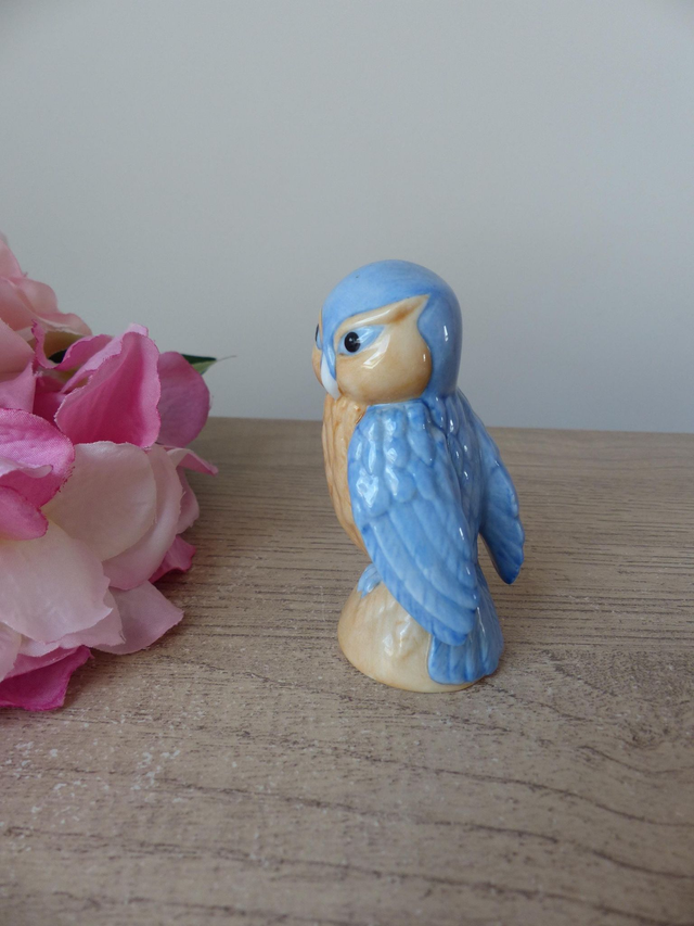 Figurine vintage chouette en porcelaine Franklin Mint – 1988 – Décoration beige et bleue fabriquée à Taïwan