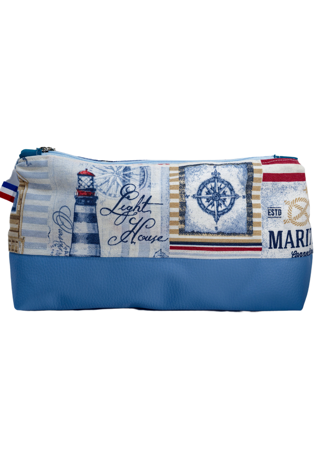 Trousse de toilette artisanale – Thème marin en simili cuir bleu
