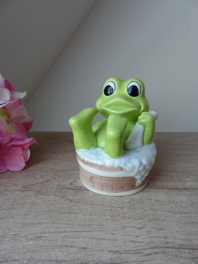 COLLECTION TIRELIRE - Grenouille dans son bain, Tirelire Grenouille Vintage, Figurine grenouille décoration salle de bain, Frog Home Decor
