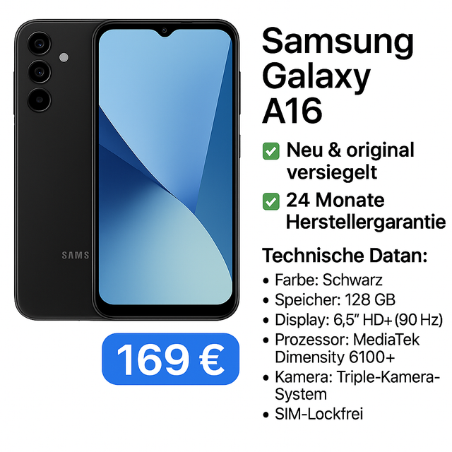📱 Samsung Galaxy A16 (ohne 5G) – 128 GB – 169 €