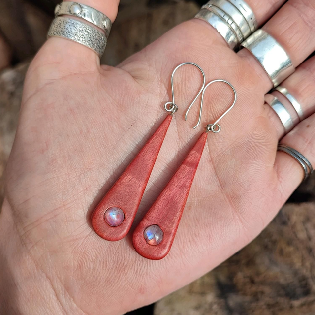 Boucles d'Oreilles en Bois d'Ivoire Rose, Péristerite et Argent