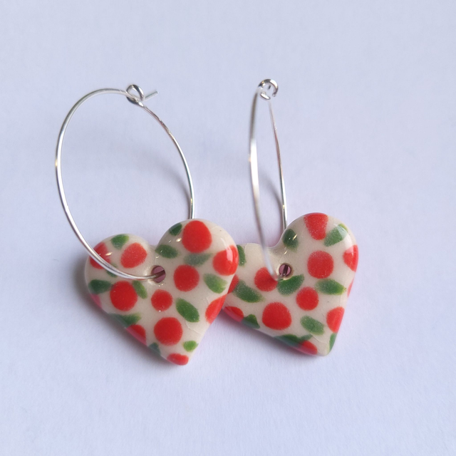 Silver Heart Hoops - Floral