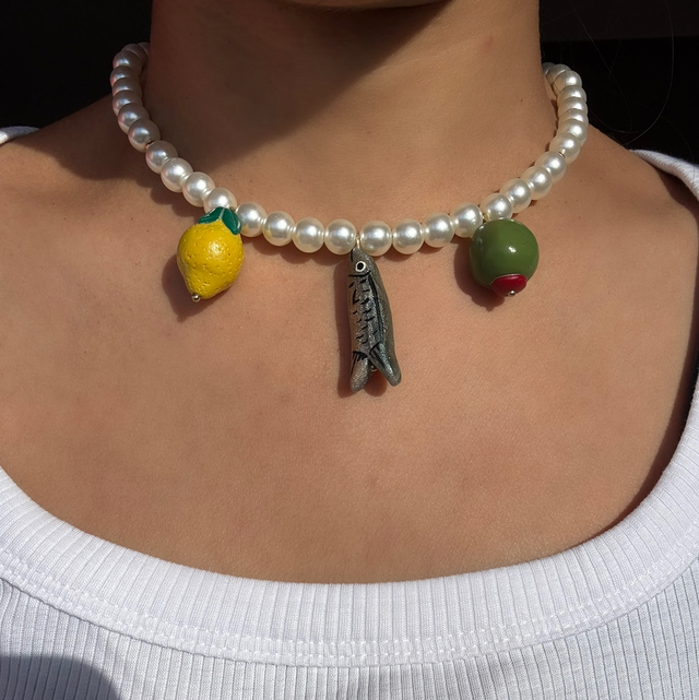 Olivia – Lemon, Sardine & Olive Pearl Charm Necklace