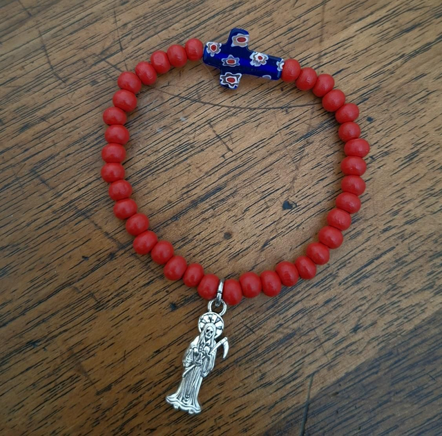 Bracelet Santa Muerte rouge, croix chrétienne bleue milfiori