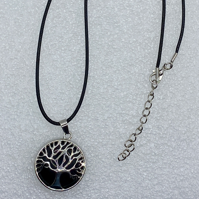 Pendentif Arbre de Vie Obsidienne noire - Cordon PU
