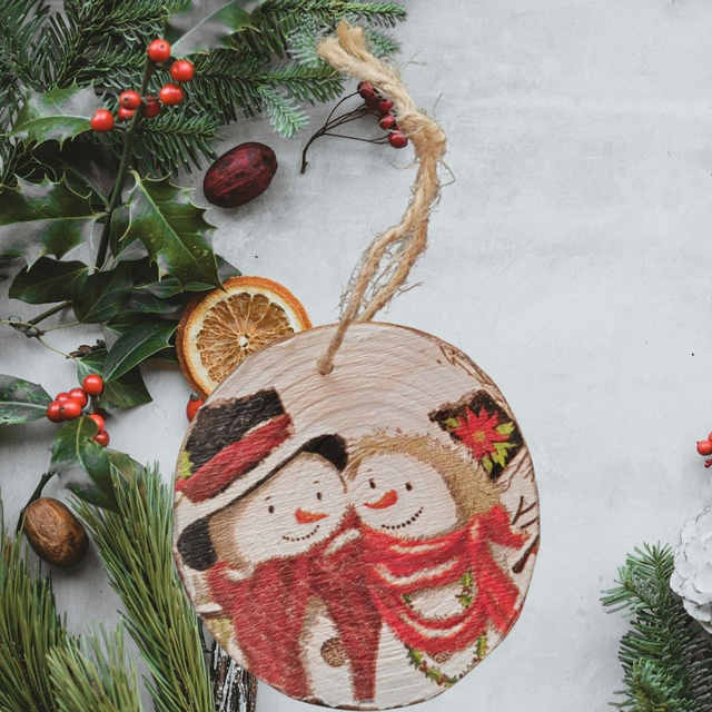 Festive Decoupage Rustic Wood Slice Tree Ornaments