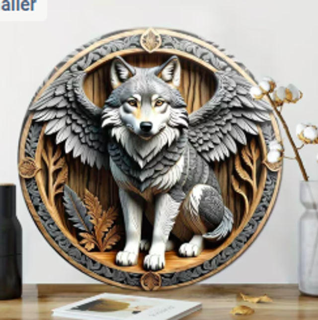 Wanddecoratie metalen bord Wolf met vleugels (20cm diameter)
