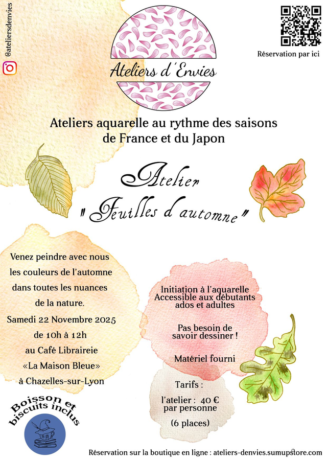 Atelier aquarelle " Feuilles d'automne" - 22/11/2025 à La Maison Bleue (Chazelles-sur-Lyon)